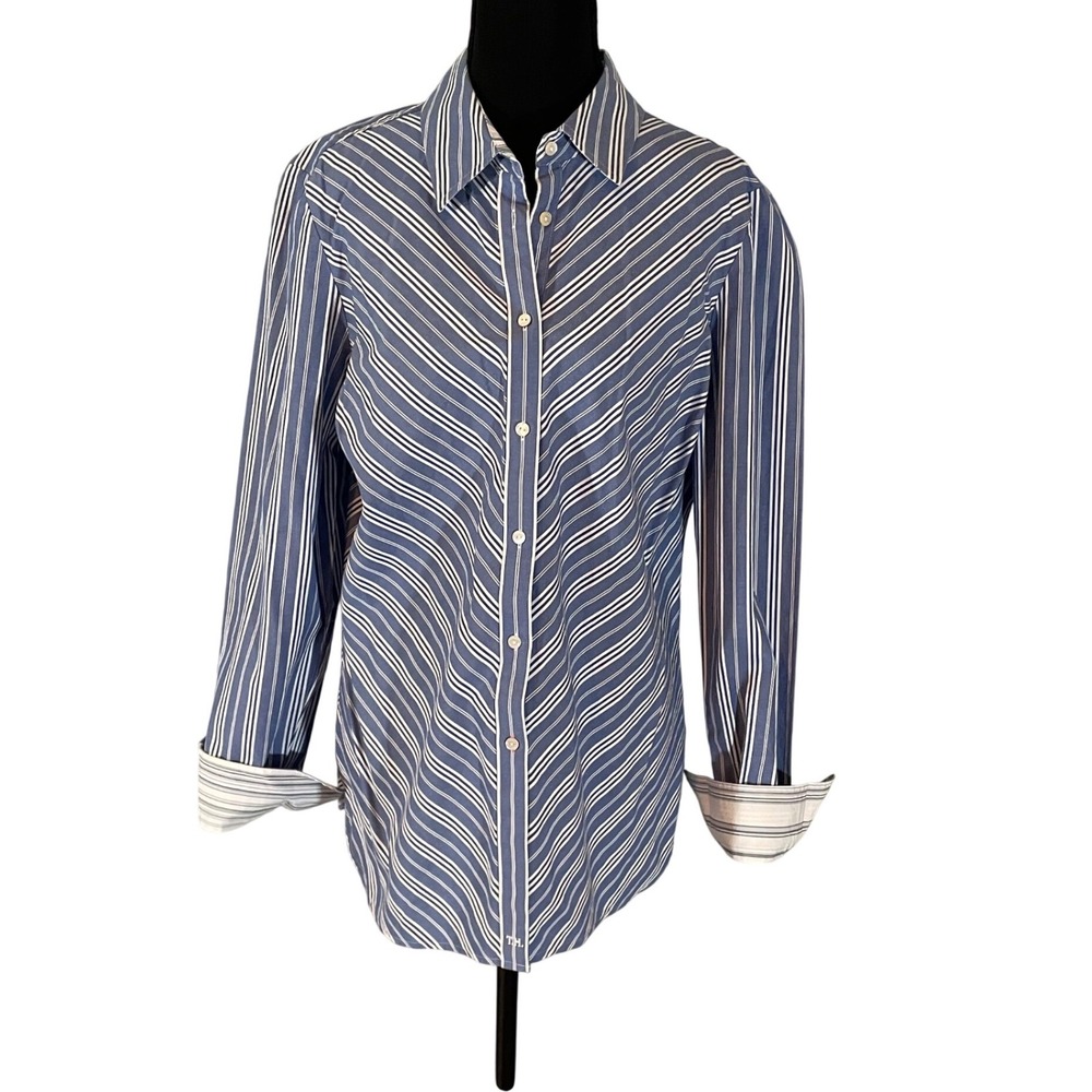 Tommy Hilfiger Womens Blue White Striped Button Down Cotton Shirt Size L Classic